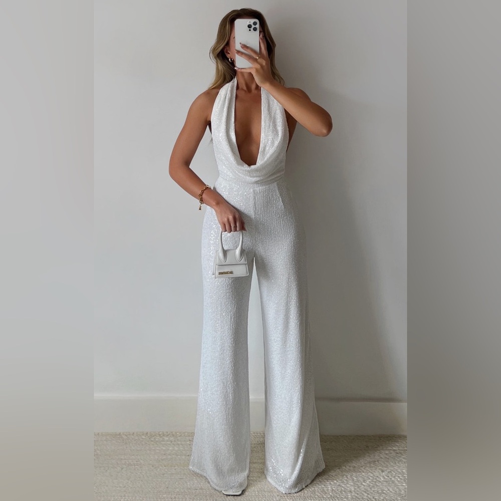 Showpo Julien Jumpsuit - White Sequin Jumpsuit
